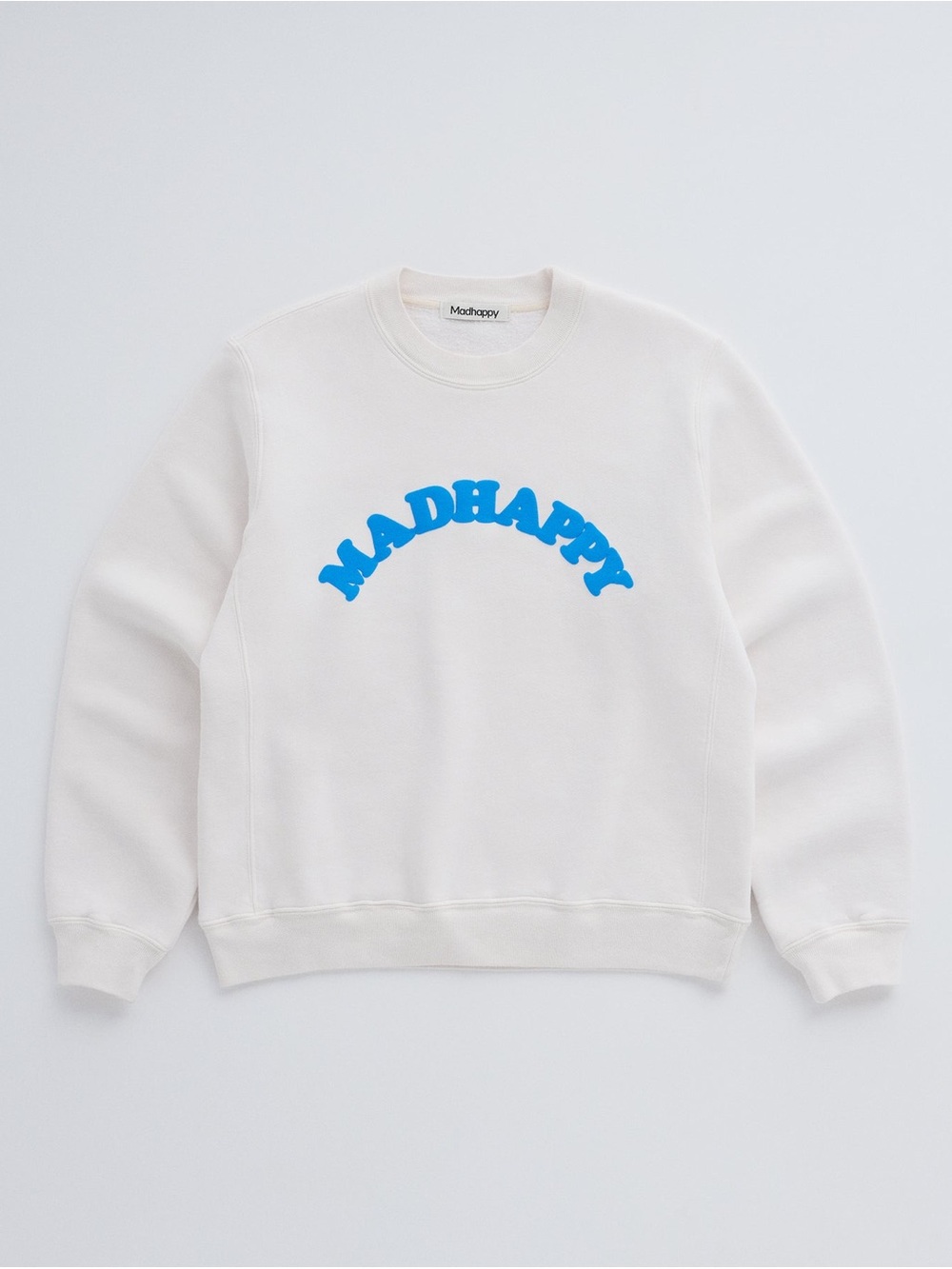 Madhappy Cream Crewneck Sweatshirt with Bright Blue Logo